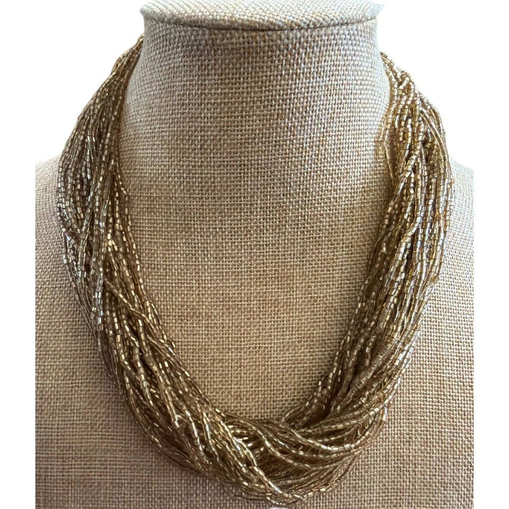 Gold Multi Strand‎ Beaded Statement Necklace Black Crochet Button Closure Layer